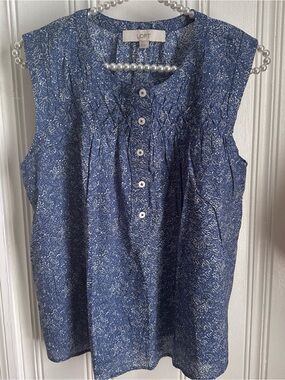 LOFT Blue Floral Bandanna Print Smocked Yoke Sleeveless Button Front Top